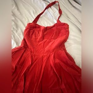 Girls from savoy Anthropologie red orange 50s corduroy midi swing dress